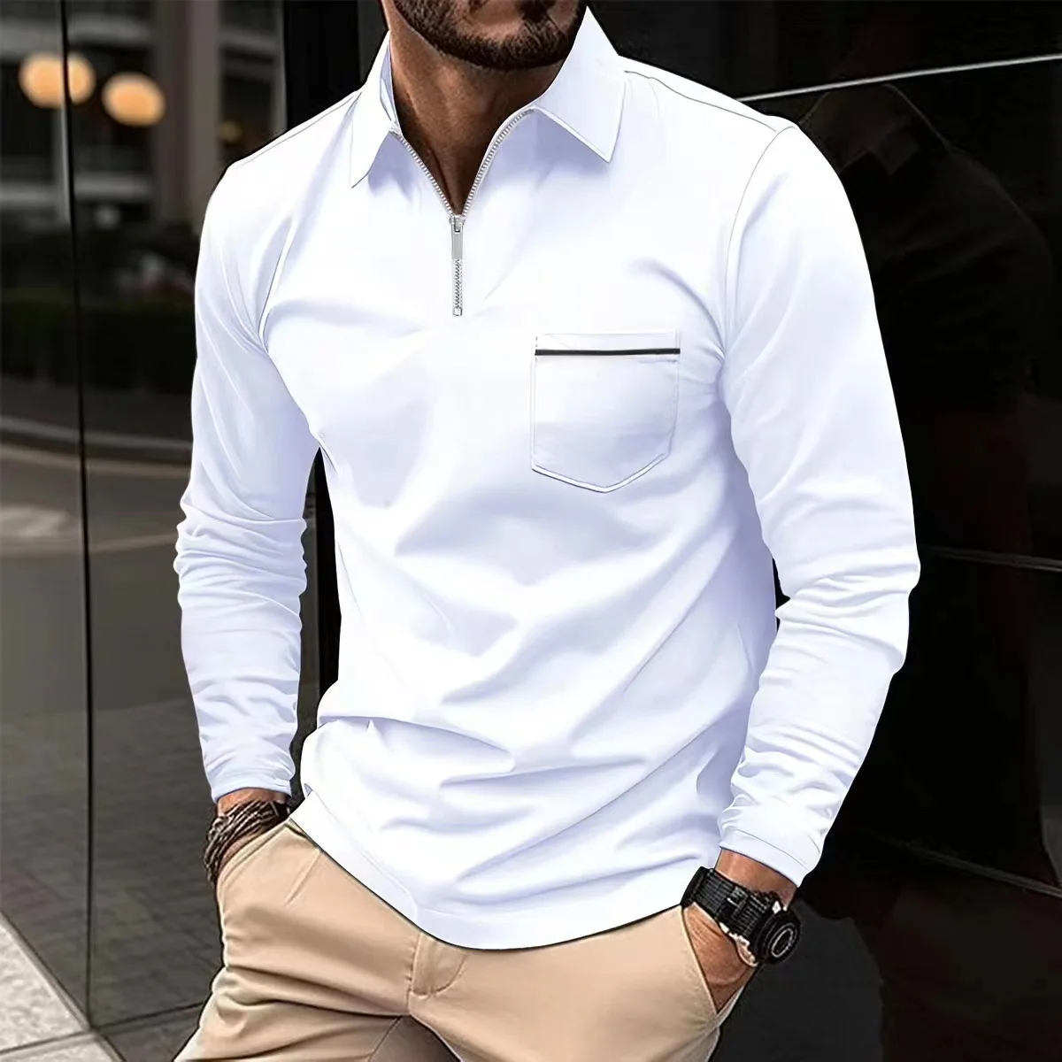 2024 Spring Autumn Solid Color Long Sleeve Polo Shirt Zipper Pocket Lapel Men's Casual Sports Long Sleeve Top Men