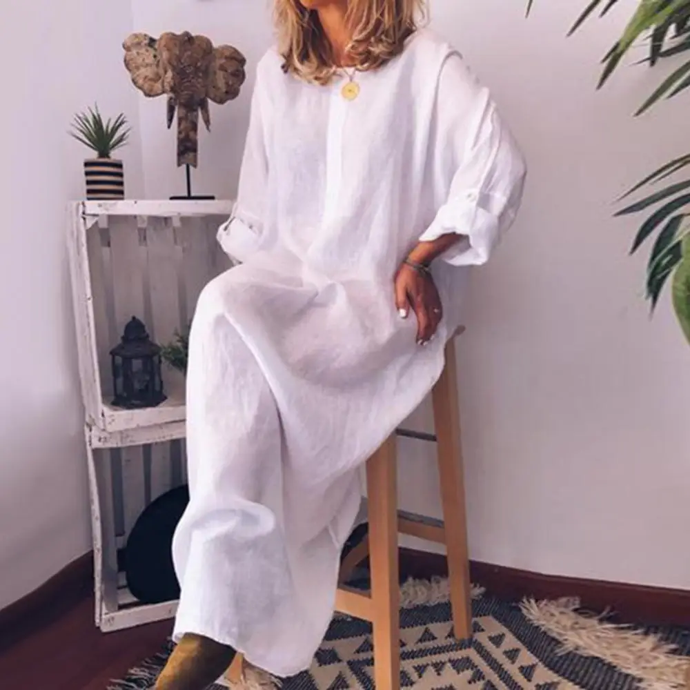 Casual Women Solid Color Oversize Maxi Cotton Linen Long Shirt Kaftan Dress Robe Femme Vestido Casual Party Pocket Dress 원피스