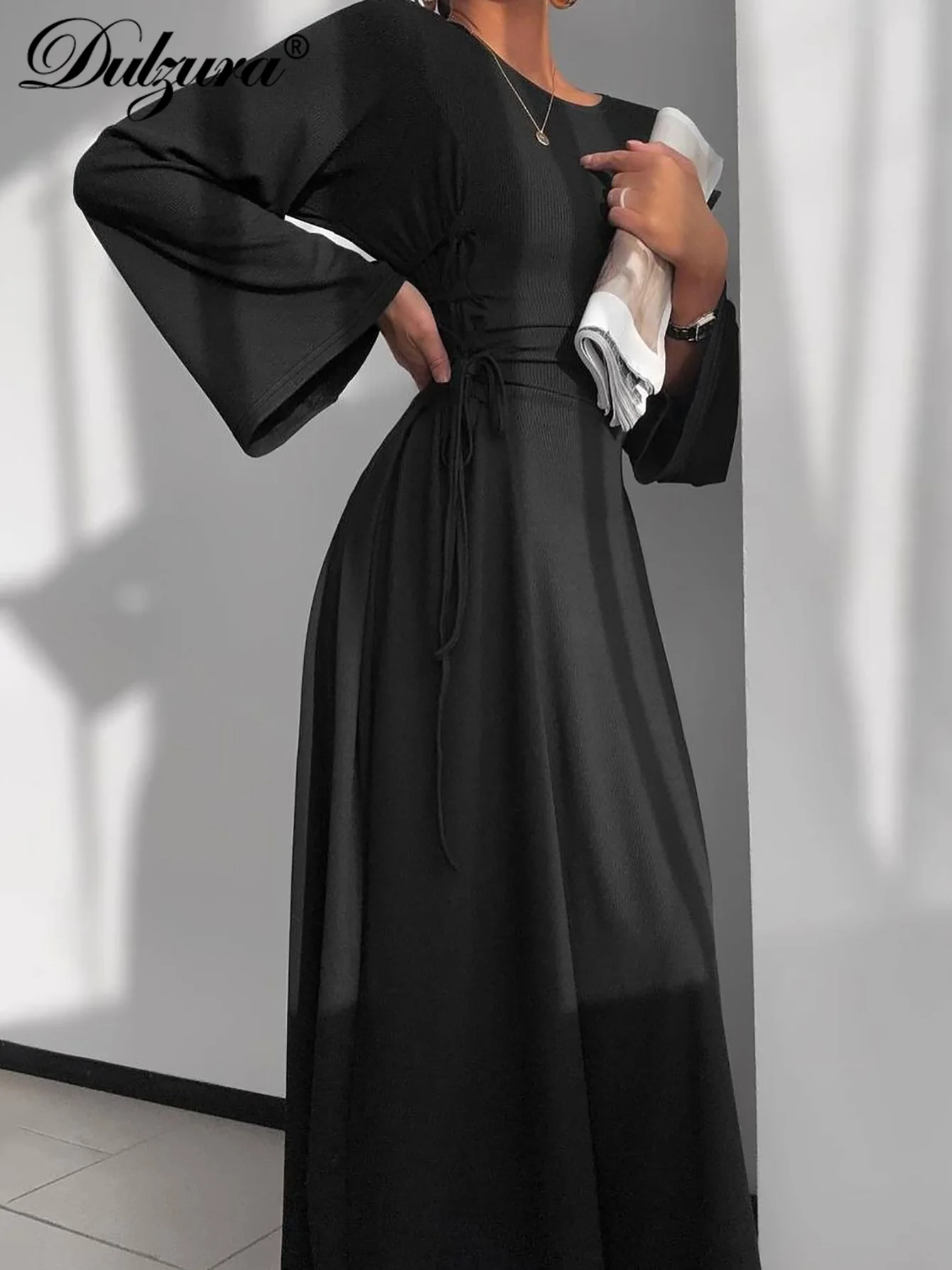 Dulzura Ribbed Long Bell Sleeves Lace Up Slim Maxi Dress Solid Elegant Casual Long Dress Women’S Party Club Streetwear Autumn