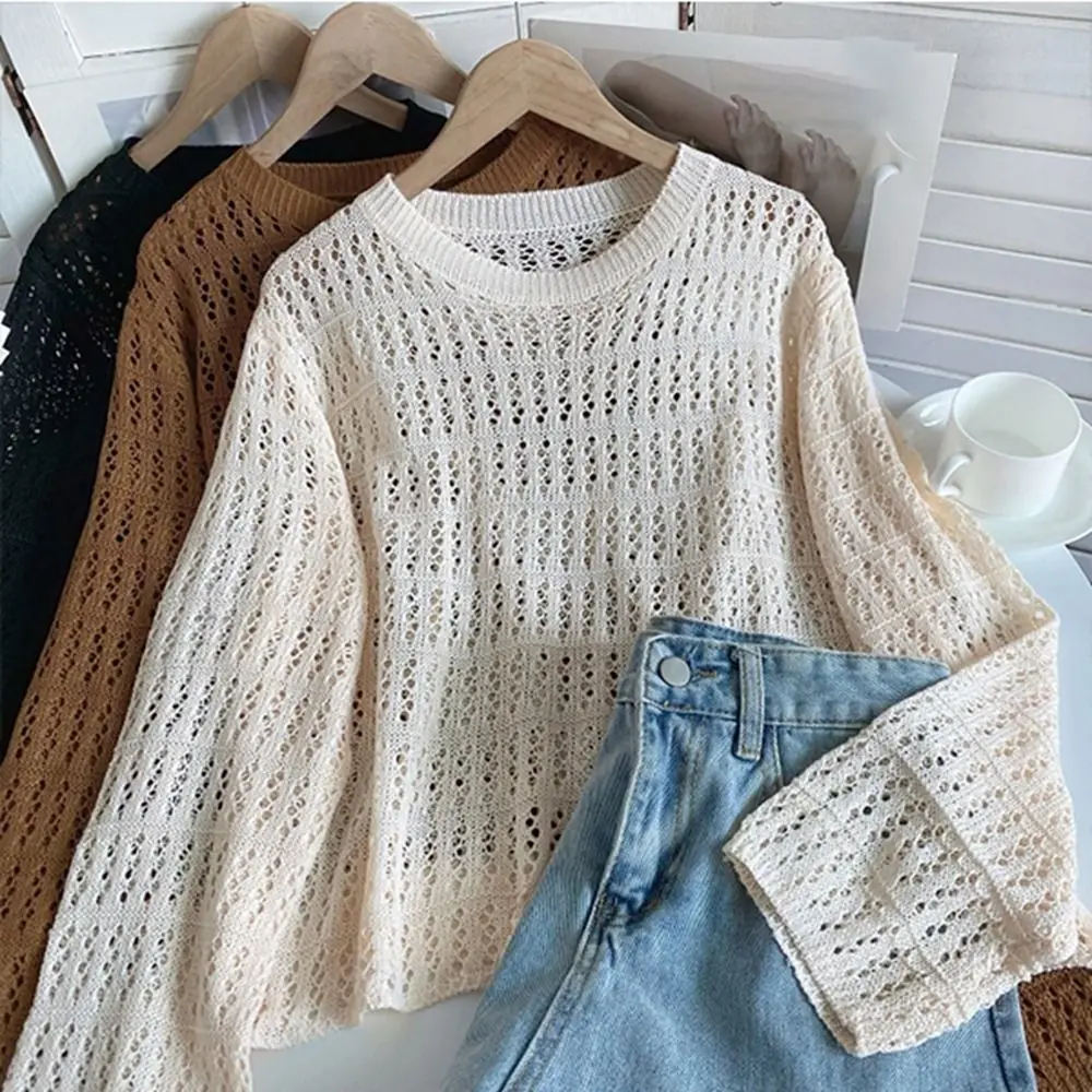 Fashion Knit Hollow-out Blouses Round Neck Long Sleeve Fishnet Pullover Thin Hollow-out Knitwear Tops Women
