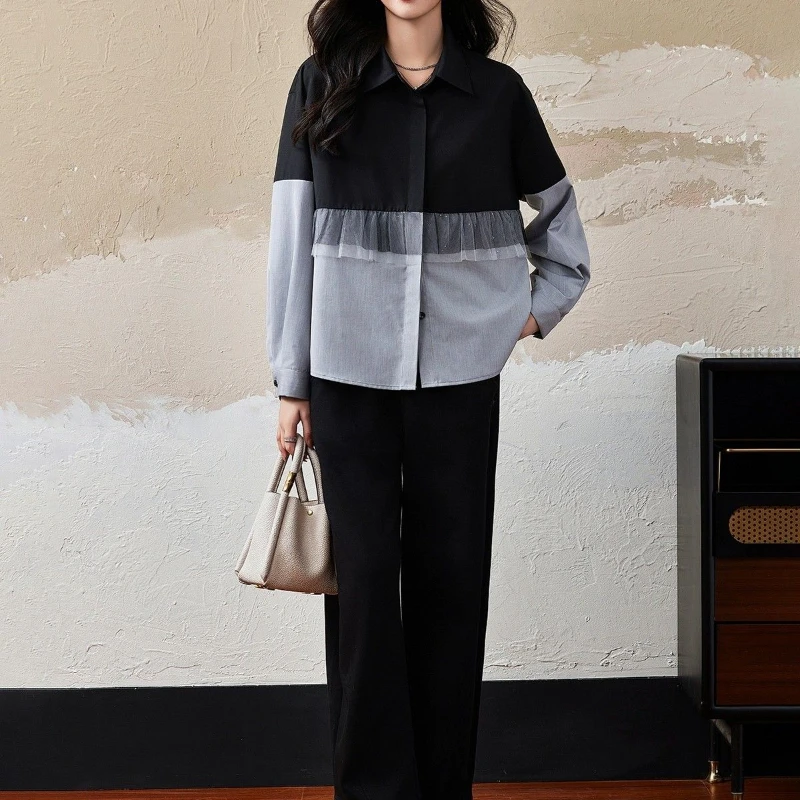 Fashionable Korean Style Slimming and Versatile Contrasting Mesh Stitching Fake Two-piece Shirt for Women