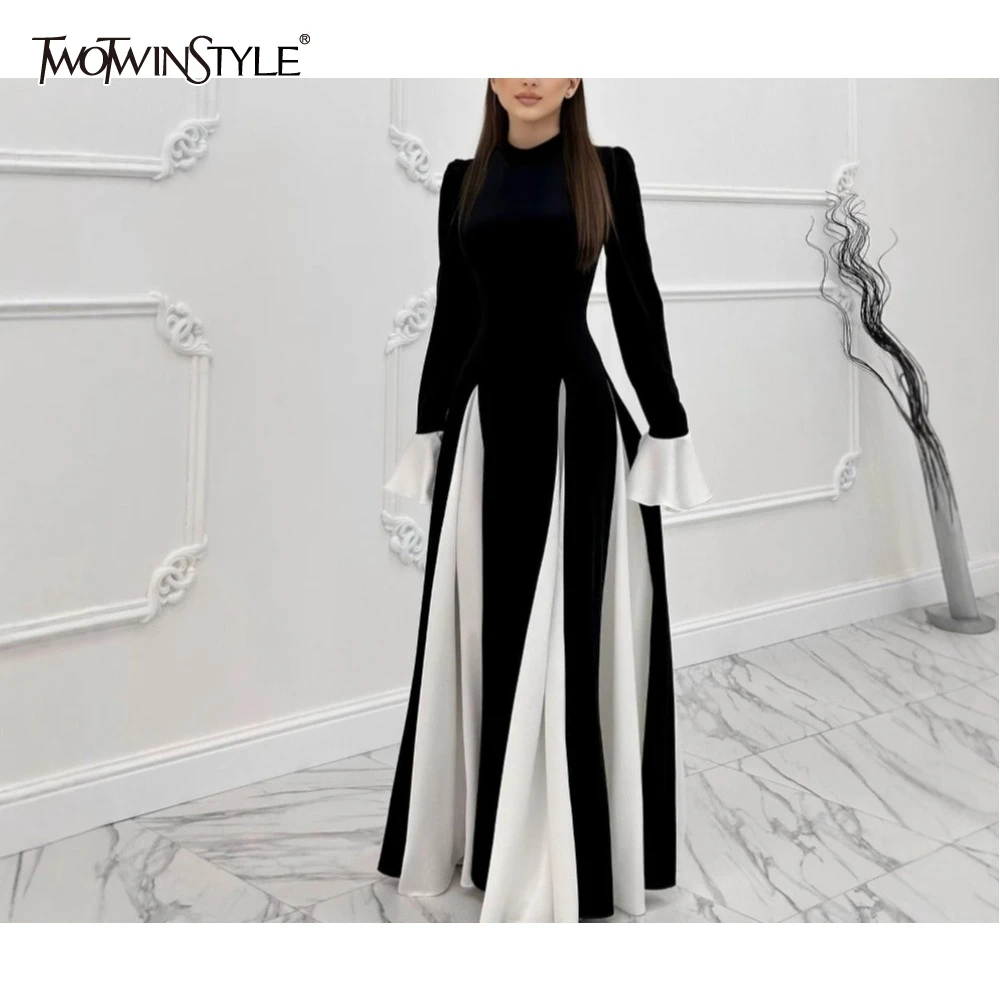 TWOTWINSTYLE Hit Color Slimming Chic Dresses for Women O Neck Long Sleeve Temperament Dress Female Fashion Style New